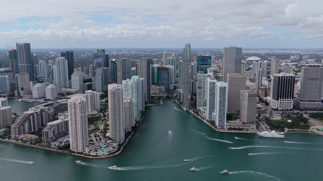 Miami skyline with towers and business skyscrapers. Miami panorama with skyscrapers. Miami skyline near Brickell.
