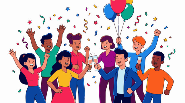 Diverse group of friends celebrating with confetti and balloons