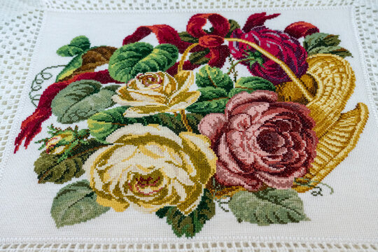 mindfulness, craftsmanship, slow and meticulous work, cross-stitch floral embroidery