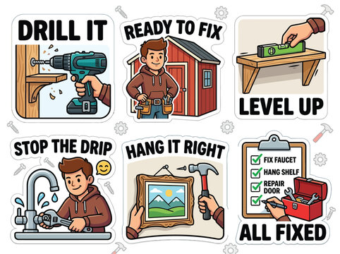 Handyman DIY Home Repair Sticker Sheet with Drill Toolbelt and Fix It Cartoon Icons