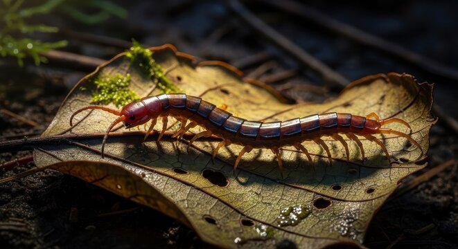 Detailed Macro View of a Red and Brown Centipede on a Leaf