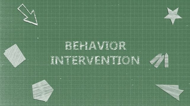 Animated Chalk "BEHAVIOR INTERVENTION" Typography with Hand-Drawn School Elements on Green Grid Board