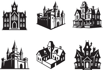 Fototapeta premium Set of black and white vector icons featuring medieval castles gothic mansions and spooky haunted houses