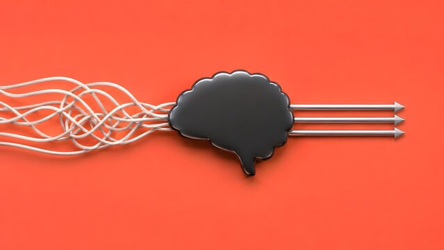 Artificial intelligence data processing concept featuring a black brain converting messy tangled wires into organized straight arrows over a vibrant red background for clear strategy.