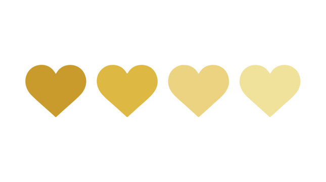 Golden heart icons in gradient sequence, set of 4 yellow heart shapes, minimalist gold love symbols for wedding and luxury branding