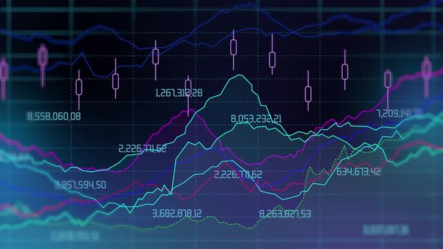 Overlay chart and candle futuristic financial market analytics with rising stock index, investment performance dashboard and digital trading data visualization background