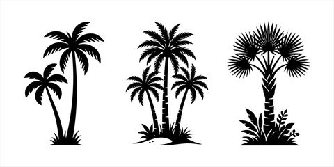 Modern palm tree silhouette vector icons set for tropical web design patterns and beach themes. Collection of tropical palm tree icons isolated on transparent background. © saditul