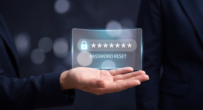 businesswoman holds glowing password interface above palm to reset account credential, verify login security, manage user permission level, protect sensitive data access