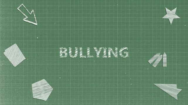 Animated Chalk "BULLYING" Typography with Hand-Drawn School Elements on Green Grid Board