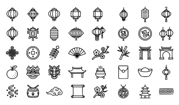 Chinese New Year Line Icon Set with Traditional Paper Lanterns, Dragon Dance, Red Envelope, Fan, Firecrackers, and Cultural Lunar Festival Celebration Symbols for Festive Web Graphics