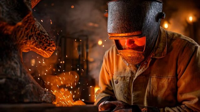 Skilled blacksmith in action: crafting with flames and sparks in workshop