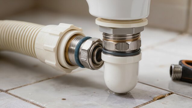 Plumbing installation and repair work, connecting a flexible white drainage pipe to a sink trap or siphon fitting with metal threaded nuts and rubber sealing gaskets in a bathroom