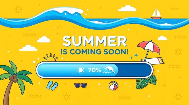 Summer is coming soon progress bar with beach icons and tropical vacation theme flat illustration