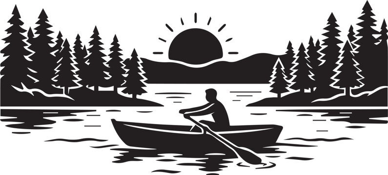 Man rowing boat on lake at sunset vector landscape