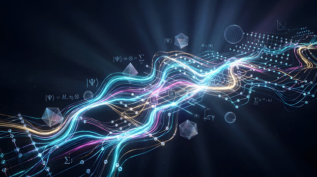 Abstract quantum wave function and mathematical physics formulas with glowing light waves 3d rendering