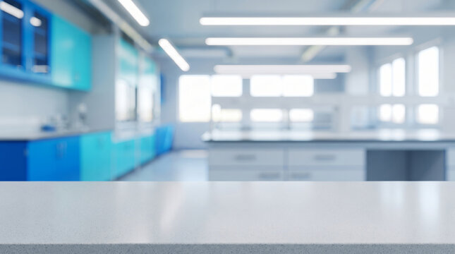 Science lab empty table background clean and bright interior blurred room modern light design. Scientific chemistry research laboratory. modern clean interior room, equipment blur