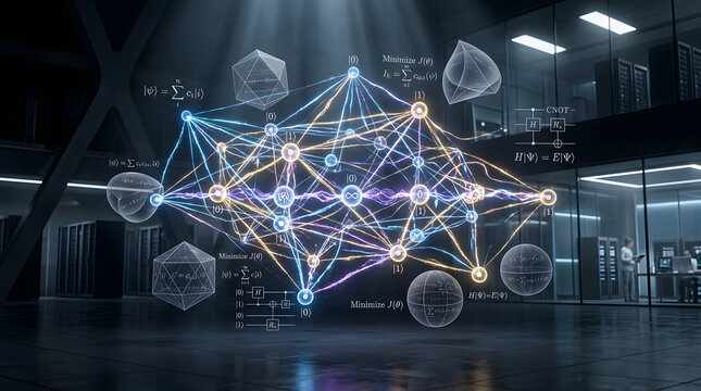 Quantum neural network graph with glowing qubits and equations in high tech server room environment