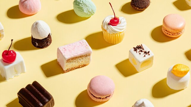A bright dessert assortment casually scattered across a pastel yellow background with intentionally open areas and crisp natural shadows