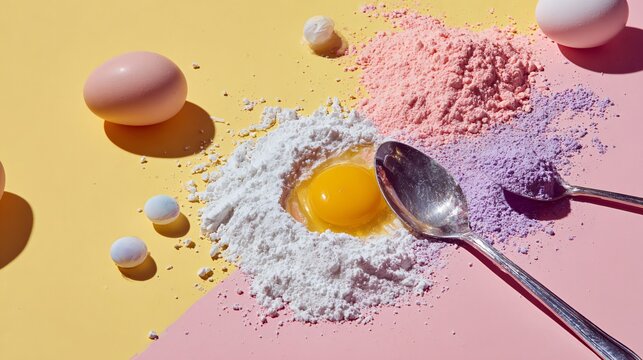 A bright dessert assortment casually scattered across a pastel yellow background with intentionally open areas and crisp natural shadows