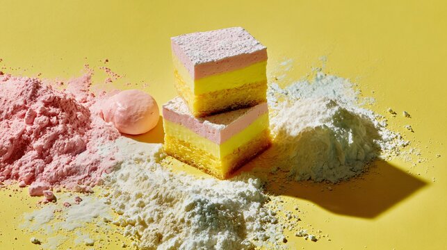 A bright dessert assortment casually scattered across a pastel yellow background with intentionally open areas and crisp natural shadows