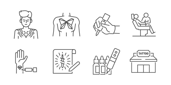 Tattoo icon set. It includes tattooing, design, body, art, inked, artist, stencil, and more icons.