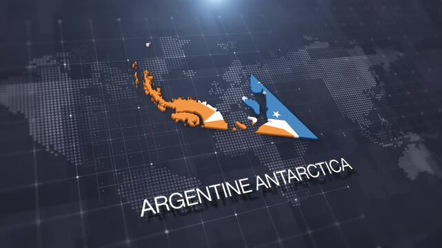 Argentine Antarctica map with national flag on digital world map background, geographic border, global political and international news concept