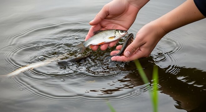 Person holding a small fish over water. Angler releasing a trout back into the lake.
