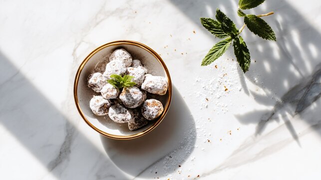 A clean product-style puppy chow arrangement styled minimally on a white marble surface with refined shadows and premium dessert styling