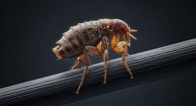 Detailed Macro View of a Flea Insect Perched on a Dark Surface