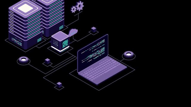 Web hosting and cloud computing concept. Data center with server racks, cloud storage, network infrastructure, and enterprise technology.