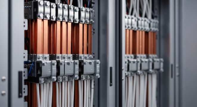 Close-up of copper busbars and wires in electrical panel