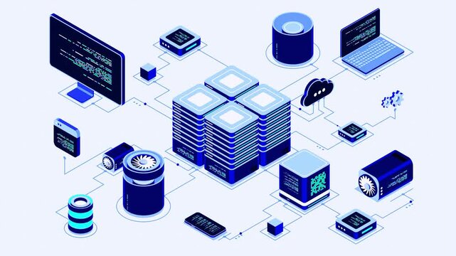 Cloud technology computing concept. Modern data center with cloud servers and server racks. Big data storage and secure digital infrastructure.