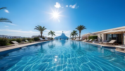 Fototapeta premium Luxurious modern rooftop infinity swimming pool with sun loungers, palm trees, and bright sunburst lighting in a tropical resort setting.