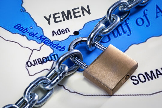 Silver chain with padlock on  Middle East map symbolizing Bab el Mandeb no entry concept.