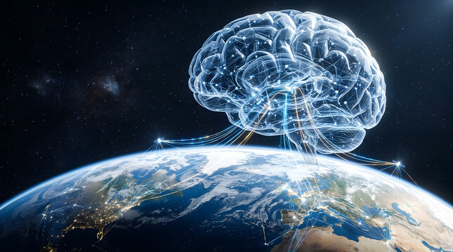 Artificial intelligence concept with glowing digital brain floating above planet earth connected to global network