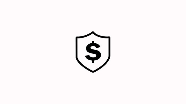 Animated shield icon with dollar sign inside symbolizing money security concept on white background. Shield dollar icon animation perfect for digital security and financial protection concept