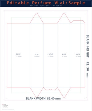 Cosmetic vial packaging dieline template for small sample box folding carton design