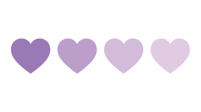 Purple heart icons in gradient shades, set of 4 violet love symbols, minimalist lavender heart vector elements for wedding and social media design