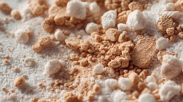 A macro flat lay of powdered sugar particles resting on cereal texture with detailed chocolate coating under soft natural light