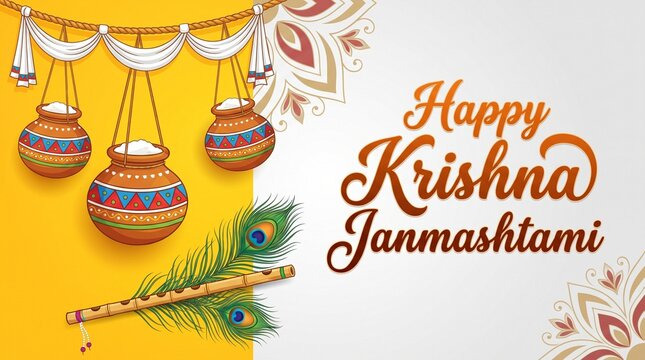 Happy Janmashtami festival banner template design with dahi handi and peacock feather.