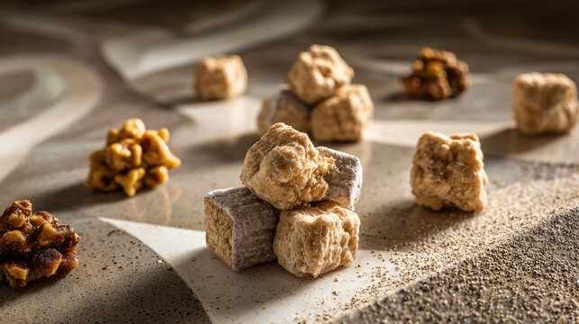 A modern editorial dessert arrangement with geometric placement of puppy chow clusters on a polished concrete surface with subtle reflections
