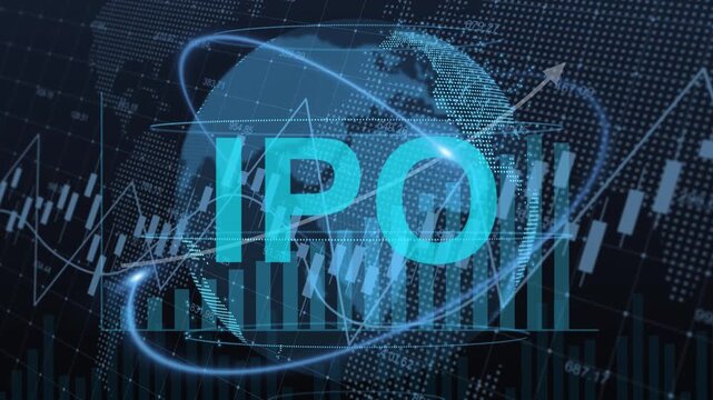 Volume candlestick global world market initial public offering IPO with global stock market listing, equity investment analysis and corporate financial growth concept