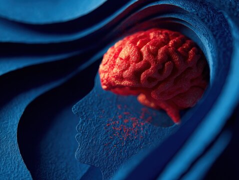 Abstract human head silhouette with a red brain inside