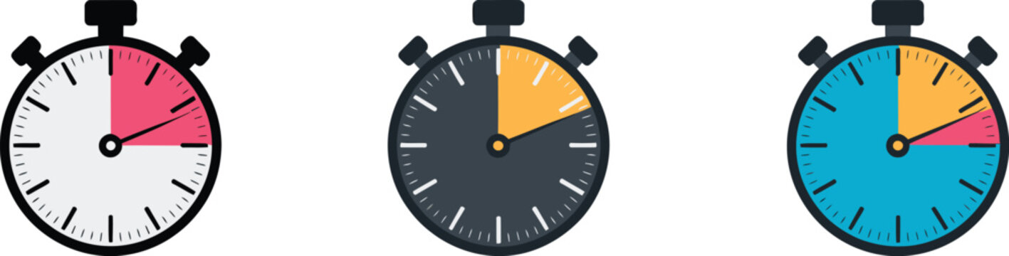 Stopwatch icon set, timer symbols, time tracking, precision measurement, countdown, chronometer, sports timing, productivity, modern vector illustration