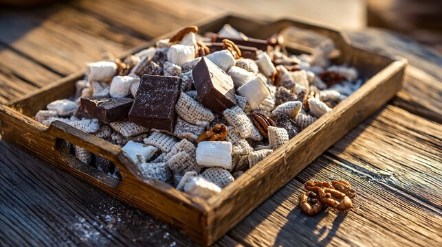 A rustic dessert tray featuring puppy chow mix and chocolate bars under warm sunset lighting on a weathered wooden table