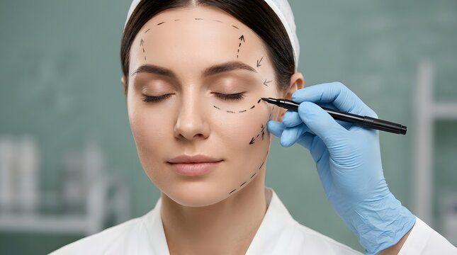 Cosmetic surgery planning doctor marking facial features for procedure