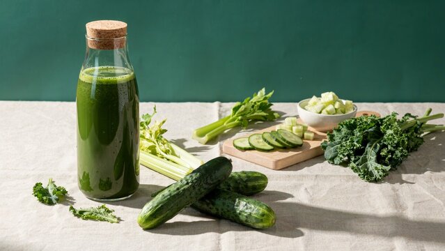 A glass bottle filled with fresh green vegetable juice surrounded by cucumbers celery and kale on a rustic table surface