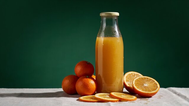 A glass bottle filled with fresh orange juice surrounded by whole and sliced oranges on a white table surface
