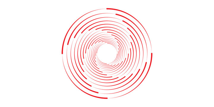 Collection of red concentric circles. Collection of radial sound wave or sonar rings. Pack of radar icon symbols, targets, dashed lines, halftones.