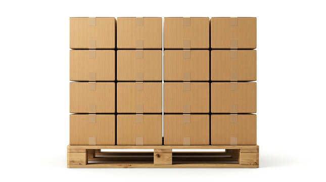 A stack of cardboard boxes on a wooden pallet in a warehouse setting